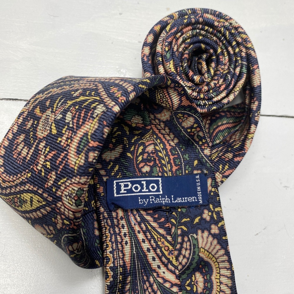 Polo Ralph Lauren Tie Mens Navy Blue Gold Paisley Silk Handmade USA Classic 3.75
